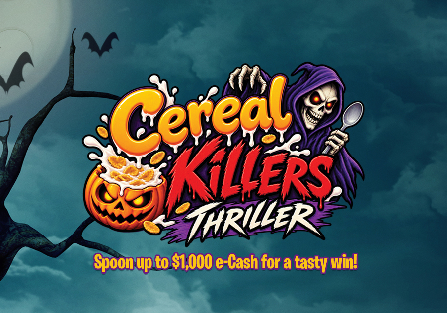 Cereal Killers Thriller promotion graphic with spooky cereal bowls and the Grim Reaper.