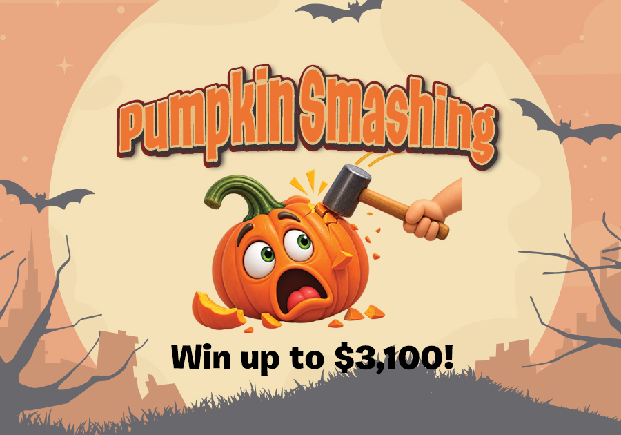 Pumpkin Smashing promotion graphic showing a hammer smashing a scared pumpkin.